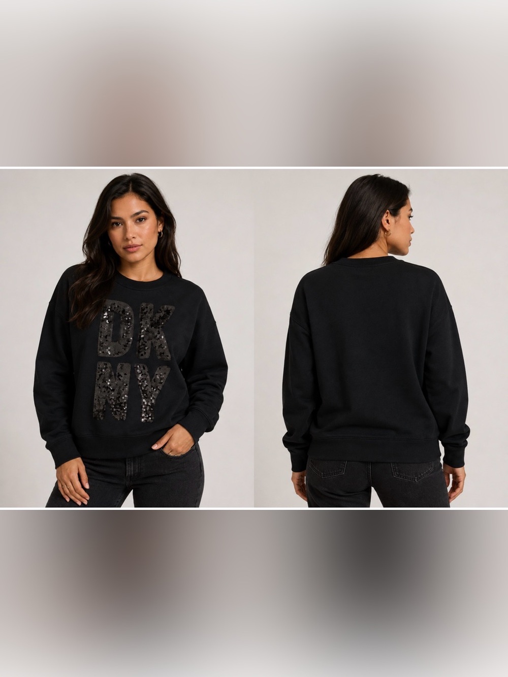 DKNY Black Sequin Logo Knit Long Sleeve Sweater Size S